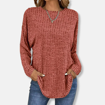 Women’s Pullover Top – Relaxed Fit – Ribbed Texture – Long Sleeve – Curved Hem