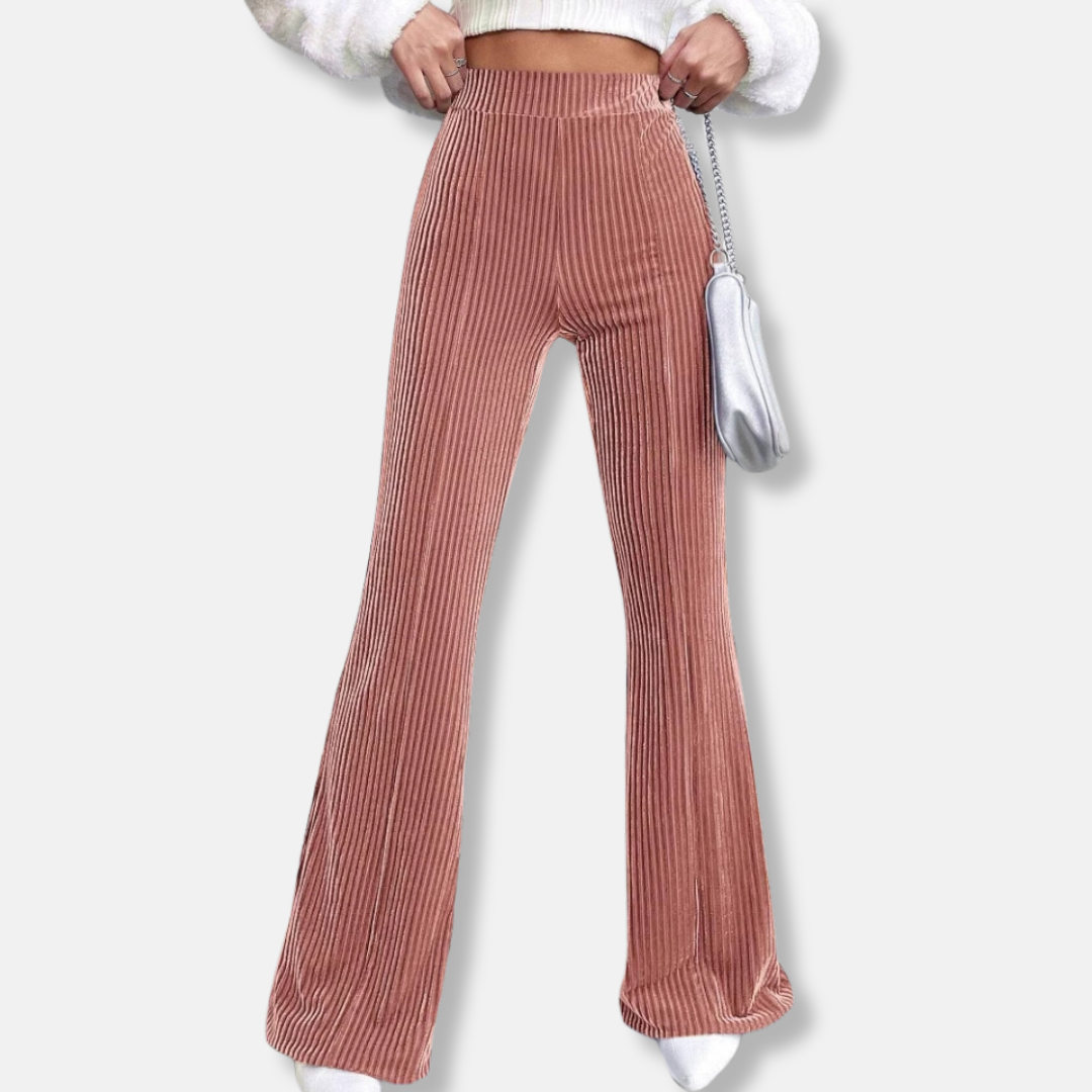 Women’s Flared Pants – High Waist Pull-On – Ribbed Texture – Full Length Wide Leg