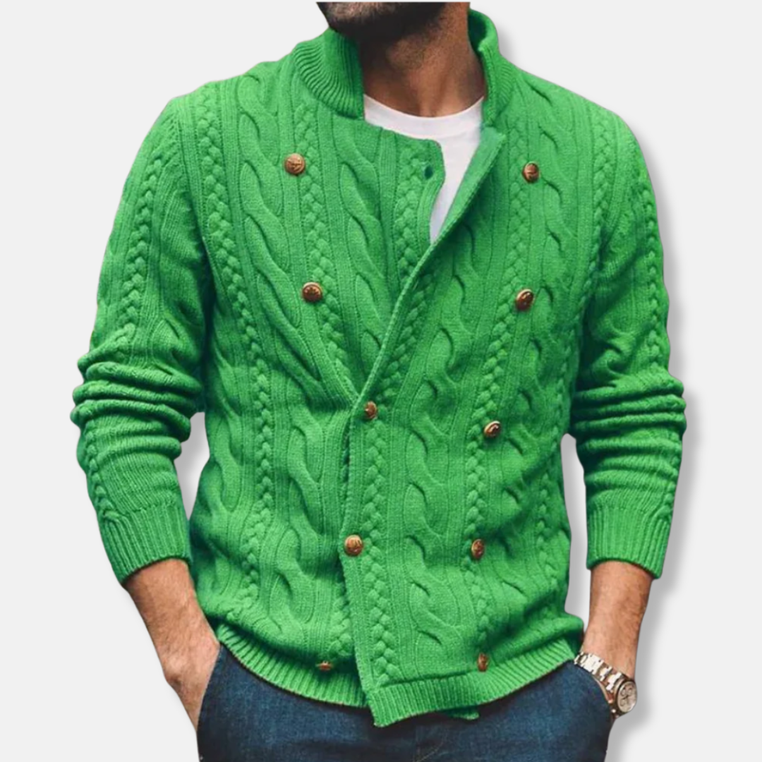 Men’s Cardigan – Tailored Fit – Cable Knit Wool Blend – Double-Breasted – High Collar