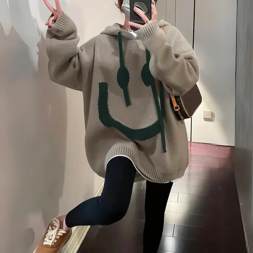 Women’s Hoodie – Plus Size Oversized Fit – Knit Texture – Graphic Smiley – Casual Wear