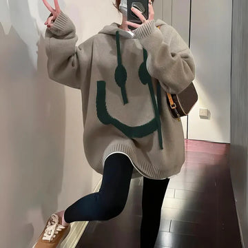 Women’s Hoodie – Plus Size Oversized Fit – Knit Texture – Graphic Smiley – Casual Wear