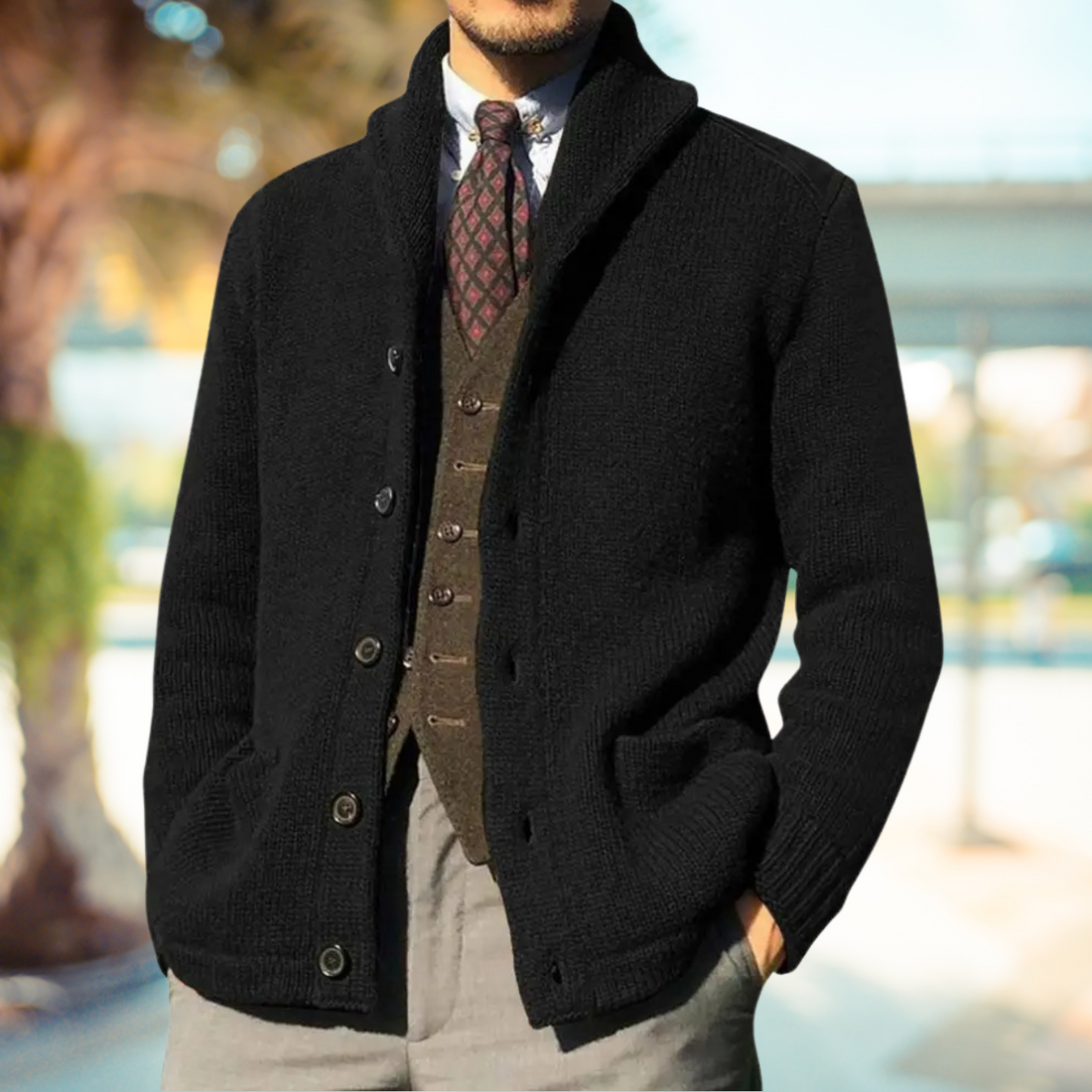 Men’s Cardigan – Regular Fit Knit – Shawl Collar – Button Front – Side Pockets