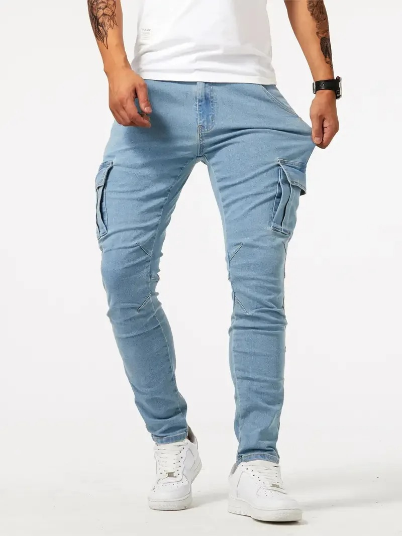 Fashionable slim fit cargo jeans with pockets for men