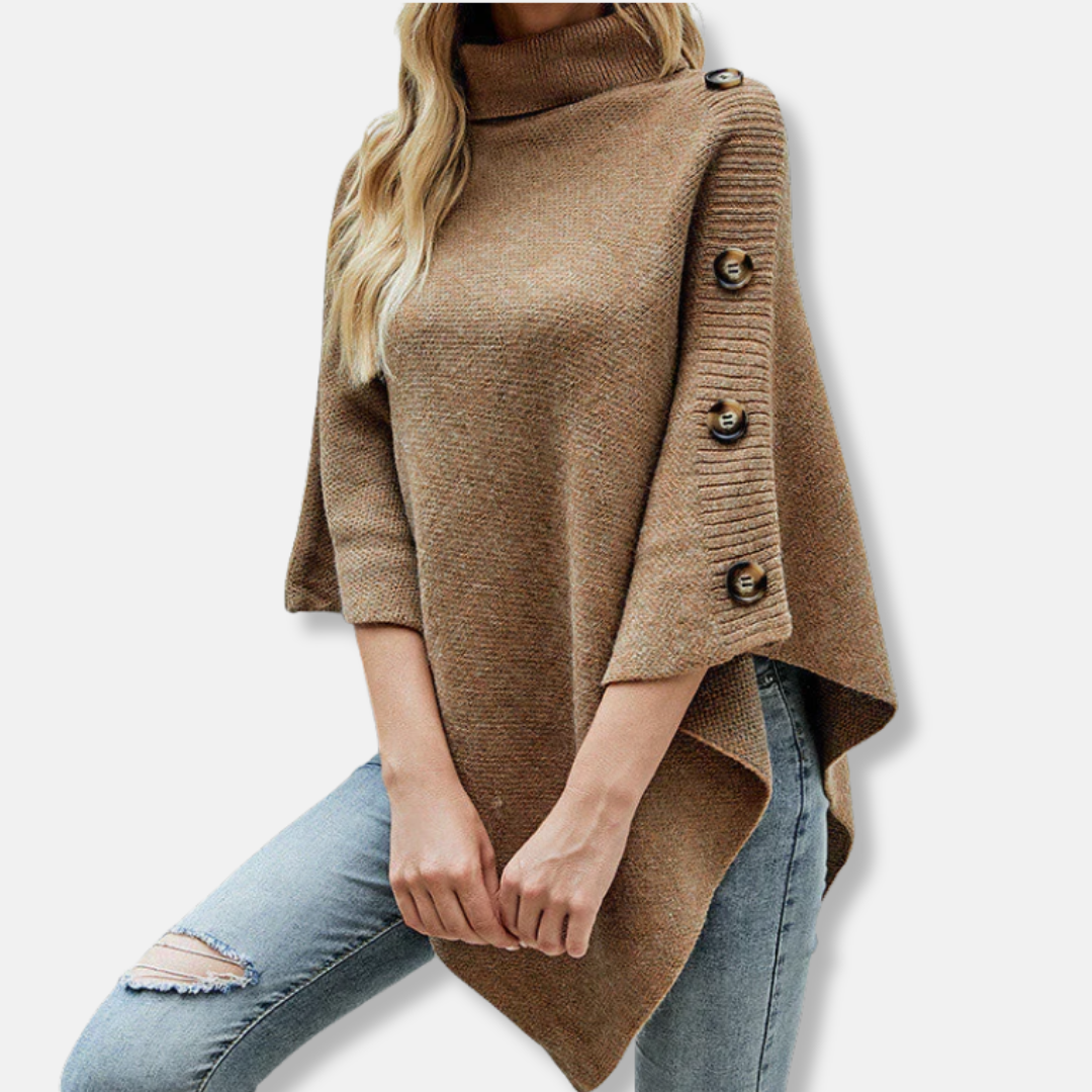 Women’s Poncho Top – Ribbed Knit – Oversized Fit – High Neck – Asymmetrical Hem