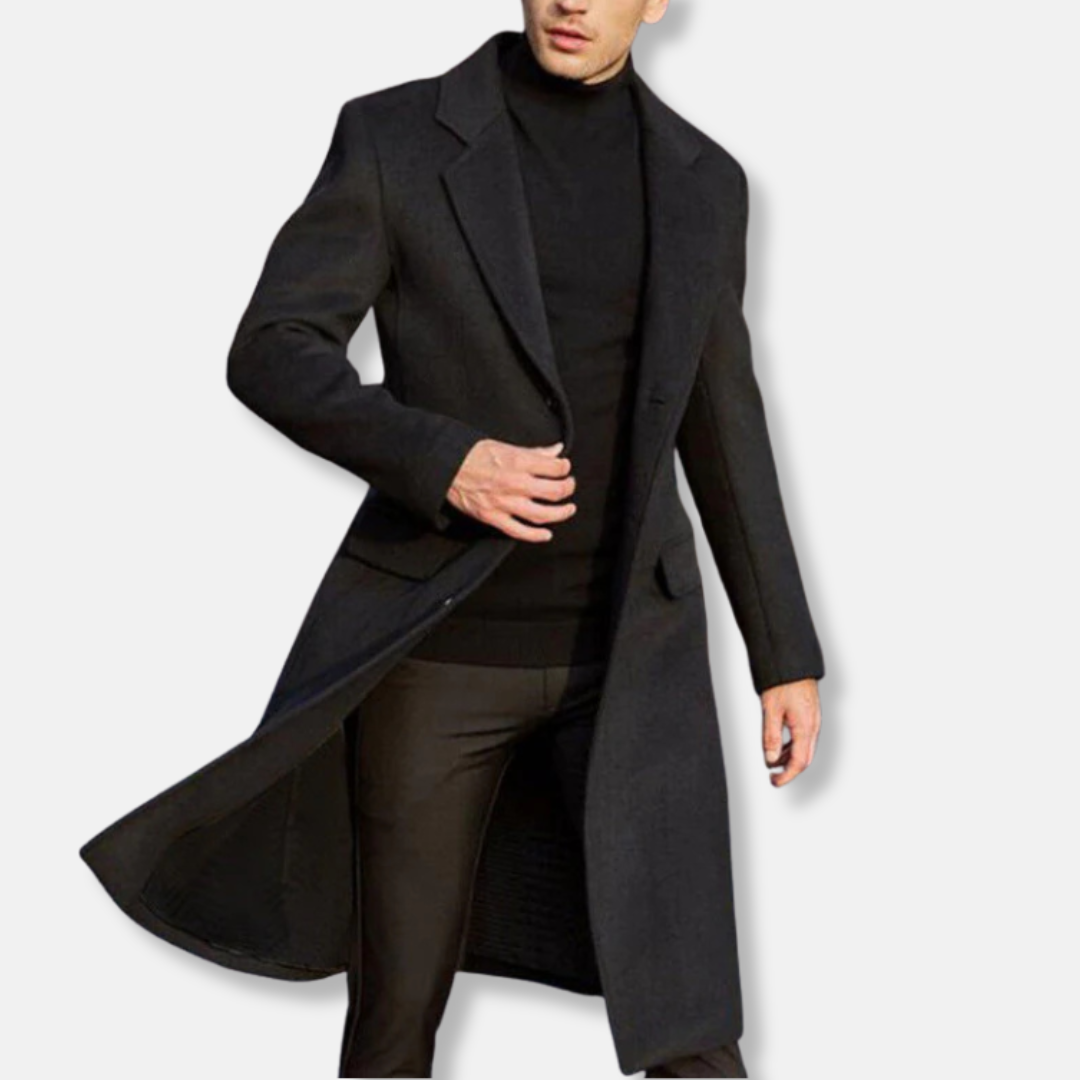 Men’s Coat – Tailored Fit – Wool Blend – Notched Lapel – Knee Length Formal Style