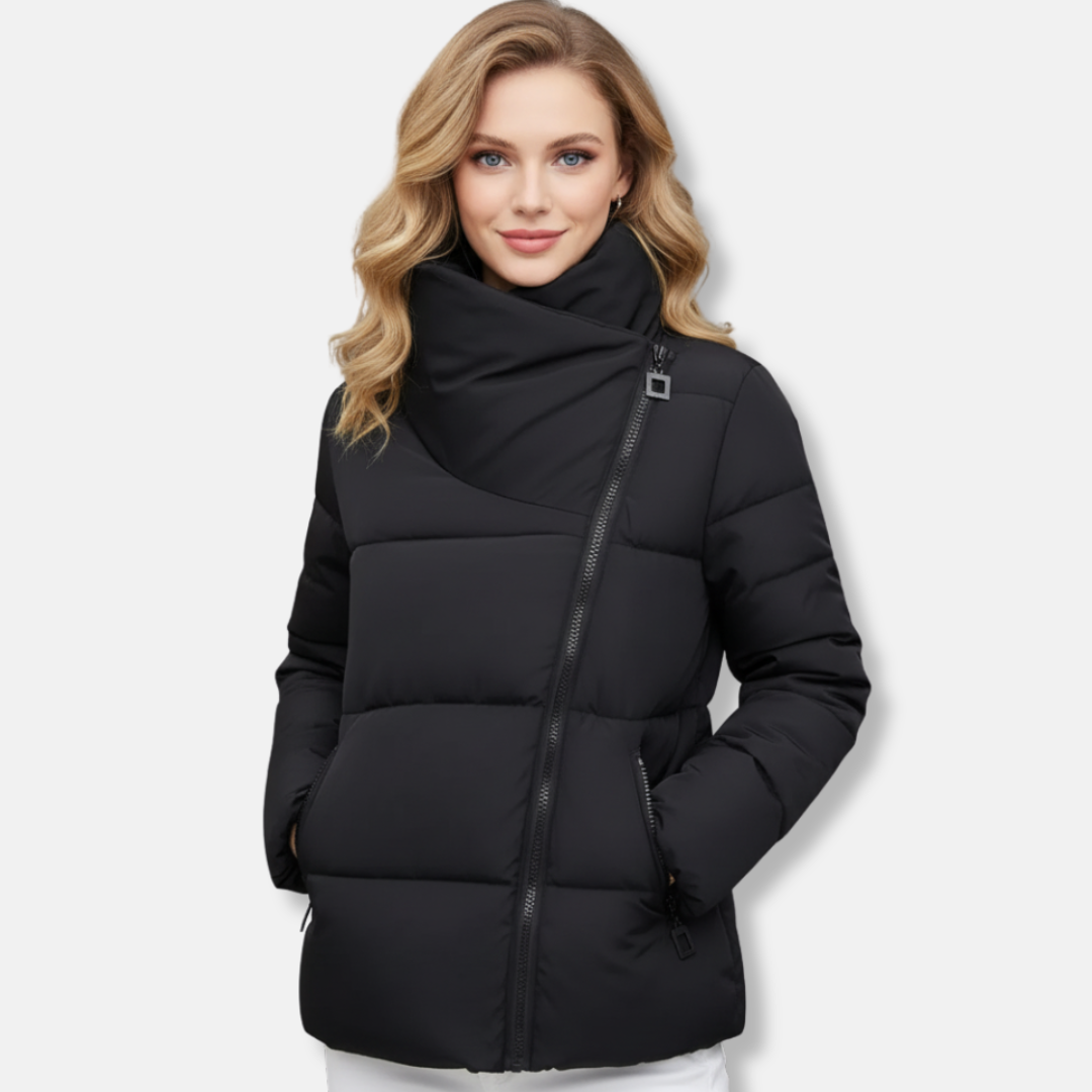 Women’s Quilted Coat – Regular Fit – Padded – Funnel Neck – Zip Front – Hip Length