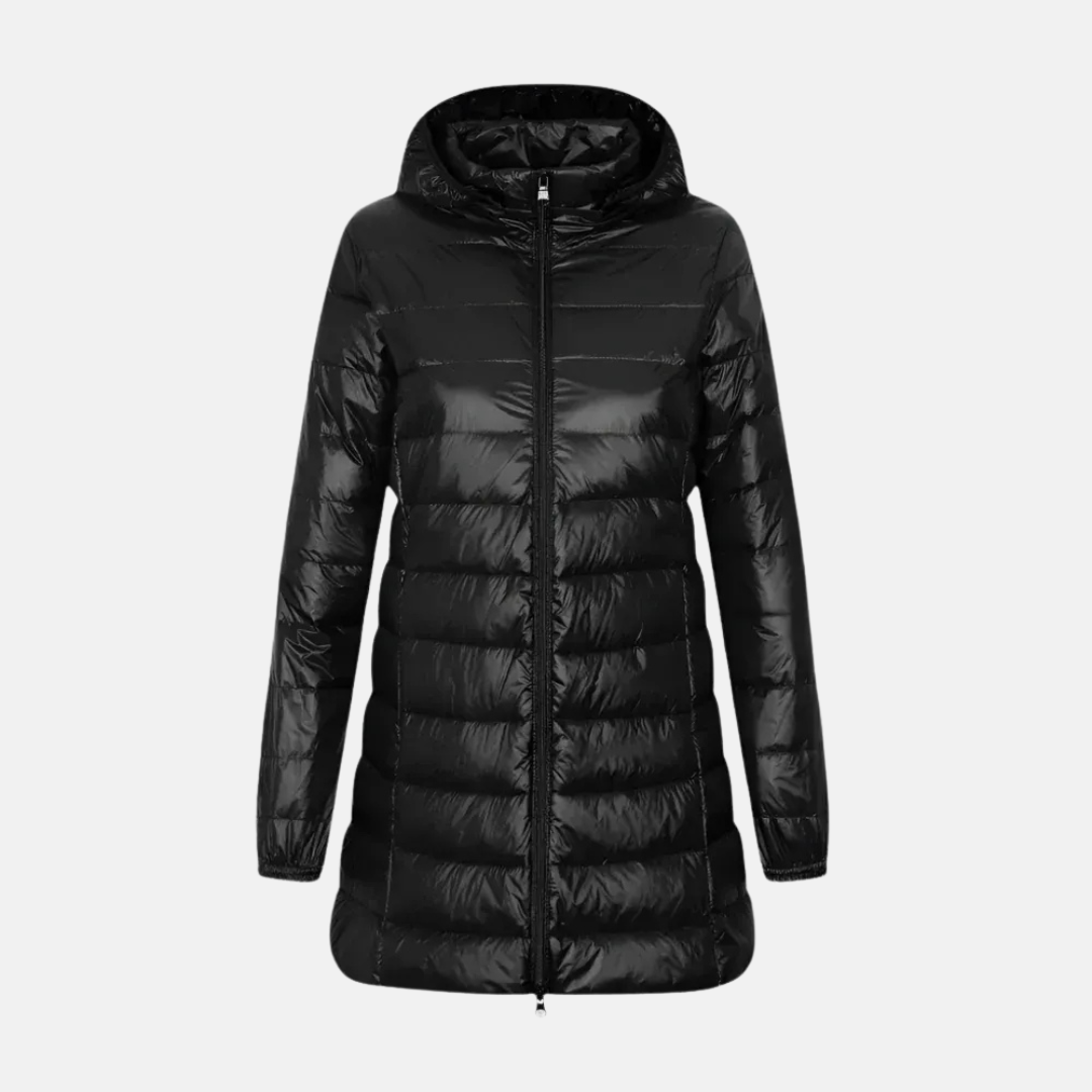 Women’s Down Jacket – Fitted Mid-Thigh Length – Hooded – Quilted – Water-Resistant