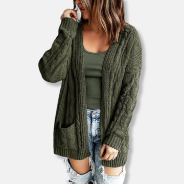 Women’s Knitted Cardigan – Relaxed Fit – Cable Knit – Open Front – Front Pockets