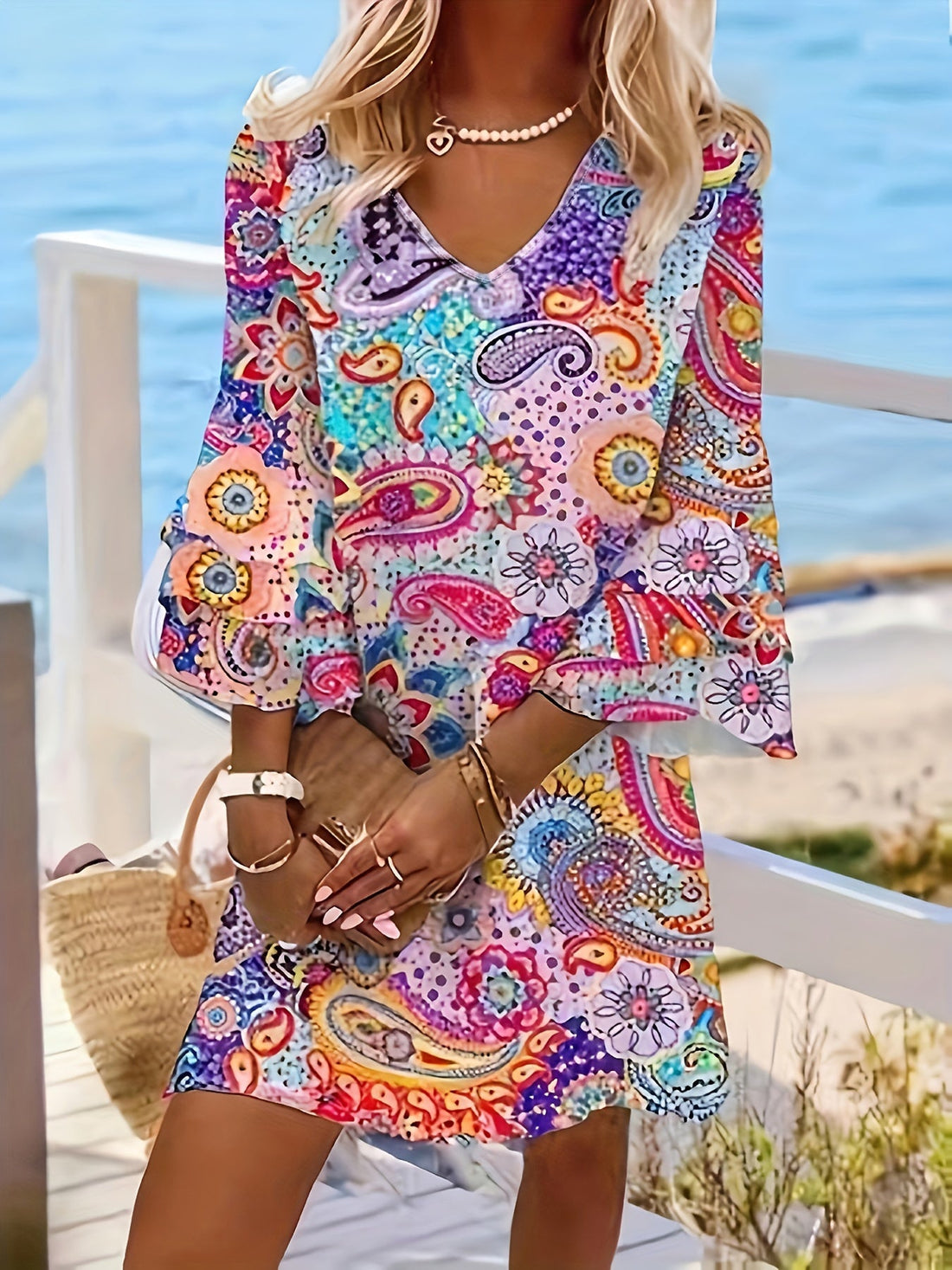 Women's Bohemian Dress - V-Neck - Bell Sleeve - Flowy Lightweight Paisley Print
