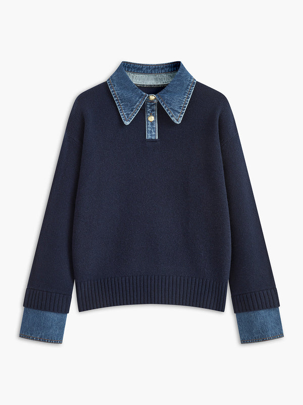 Women’s Sweater – Relaxed Fit Knit – Denim Collar and Cuffs – Layered Look Styling