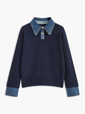 Women’s Sweater – Relaxed Fit Knit – Denim Collar and Cuffs – Layered Look Styling