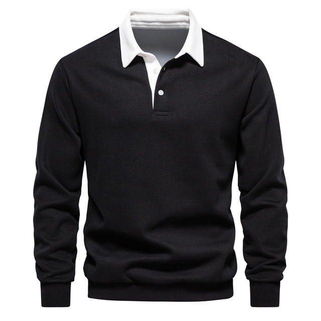 Men’s Long-Sleeve Polo Shirt - Classic Knit - Buttoned Placket - Contrast Collar