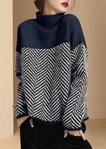 Women’s Turtleneck Sweater – Relaxed Fit – Wool Blend Knit – Herringbone Pattern – Ribbed Trim
