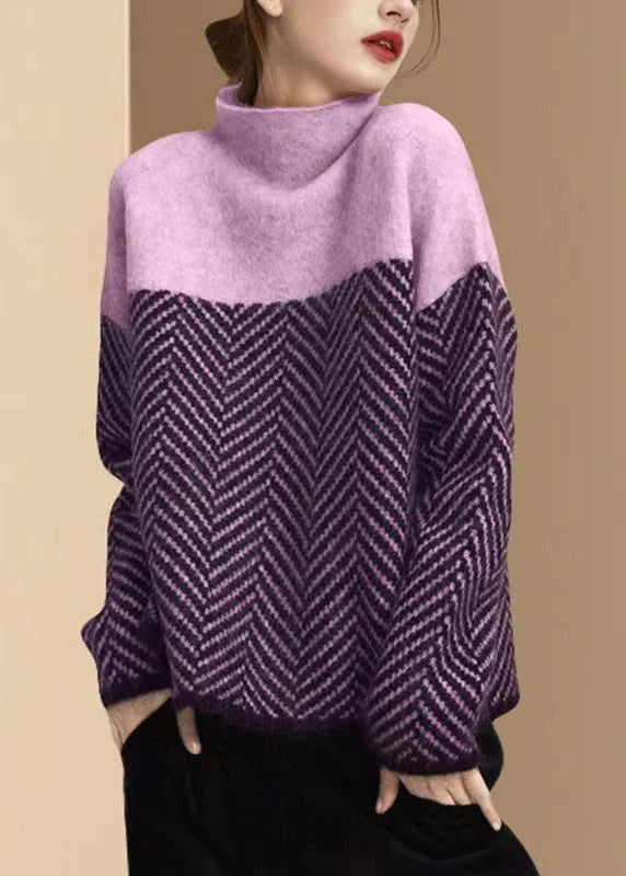 Women’s Turtleneck Sweater – Relaxed Fit – Wool Blend Knit – Herringbone Pattern – Ribbed Trim
