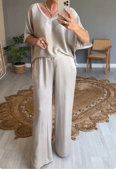 Plain v-neck top pullover wide-leg pants outfit sets for women