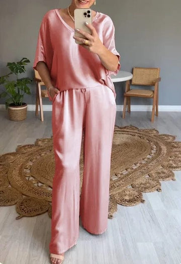 Plain v-neck top pullover wide-leg pants outfit sets for women