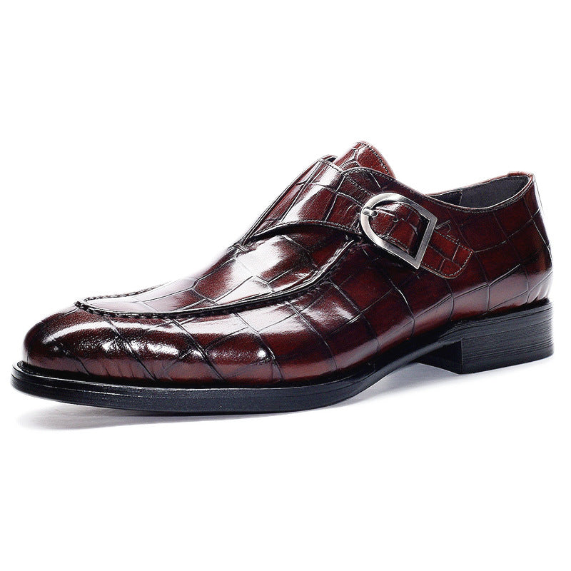Men’s Monk Strap Shoes – Polished Leather – Embossed Texture – Square Toe Formal