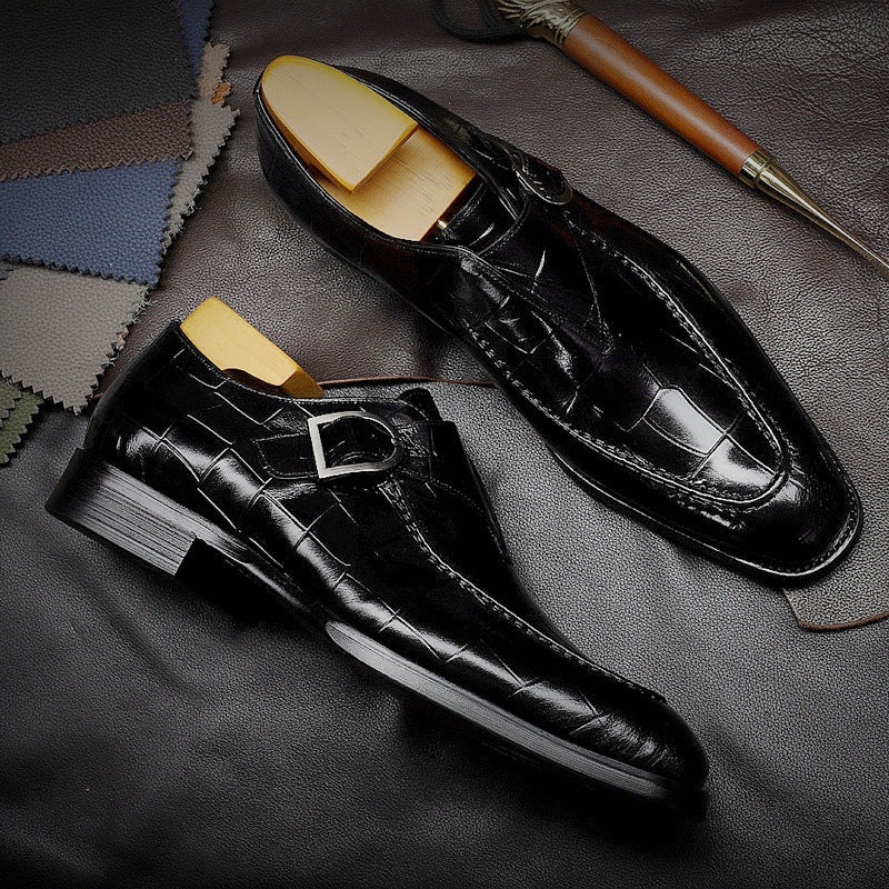 Men’s Monk Strap Shoes – Polished Leather – Embossed Texture – Square Toe Formal