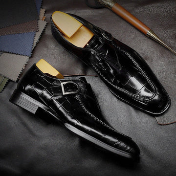 Men’s Monk Strap Shoes – Polished Leather – Embossed Texture – Square Toe Formal