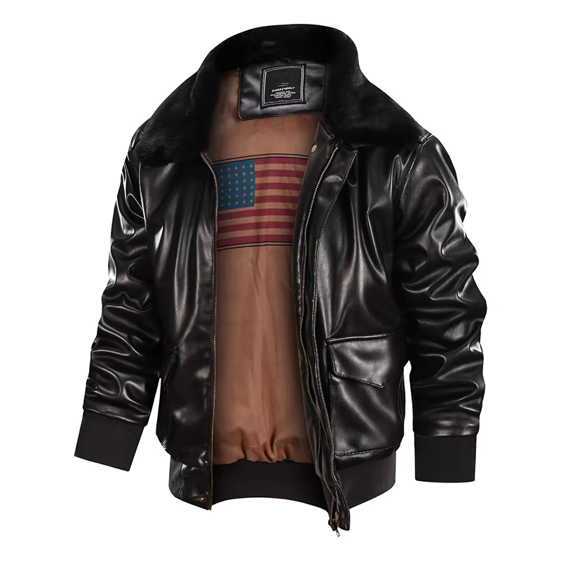 Men’s Leather Jacket – Regular Fit – Zip Closure – Ribbed Cuffs – Plush Collar