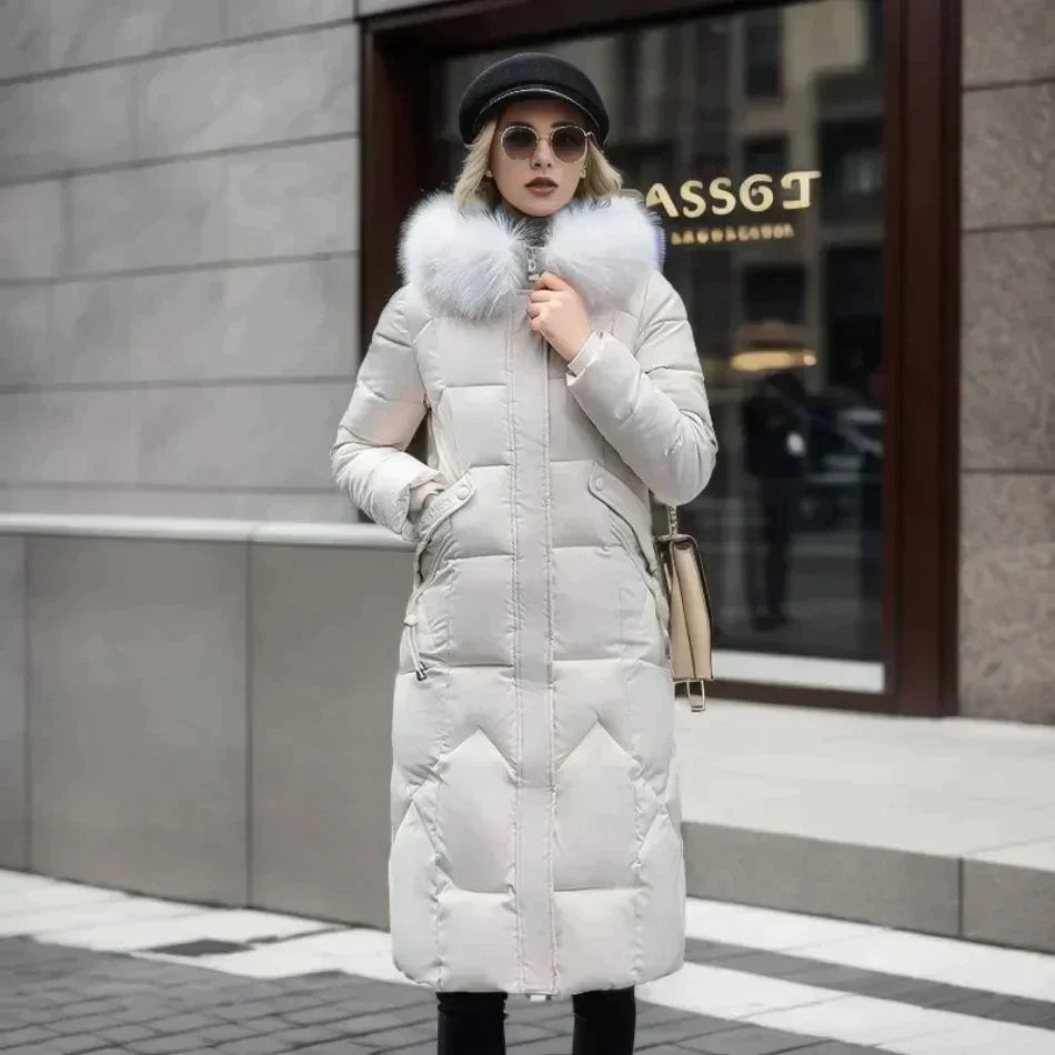 Women’s Padded Coat – Slim Fit – Quilted Design – Detachable Fur Collar – Full Length