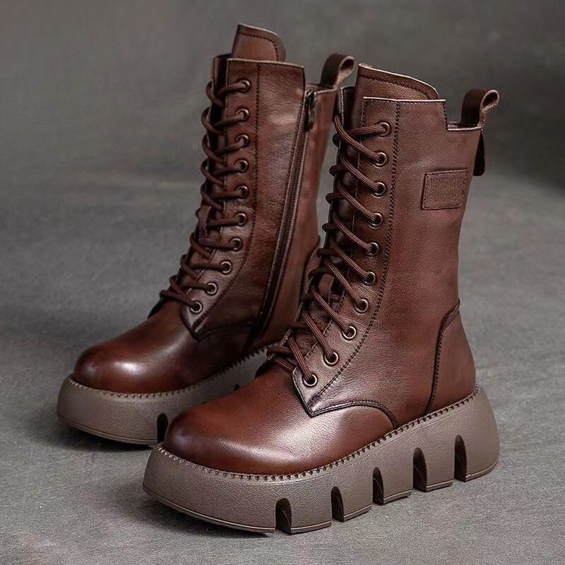 Winter mid-rise lace up leather boots for women