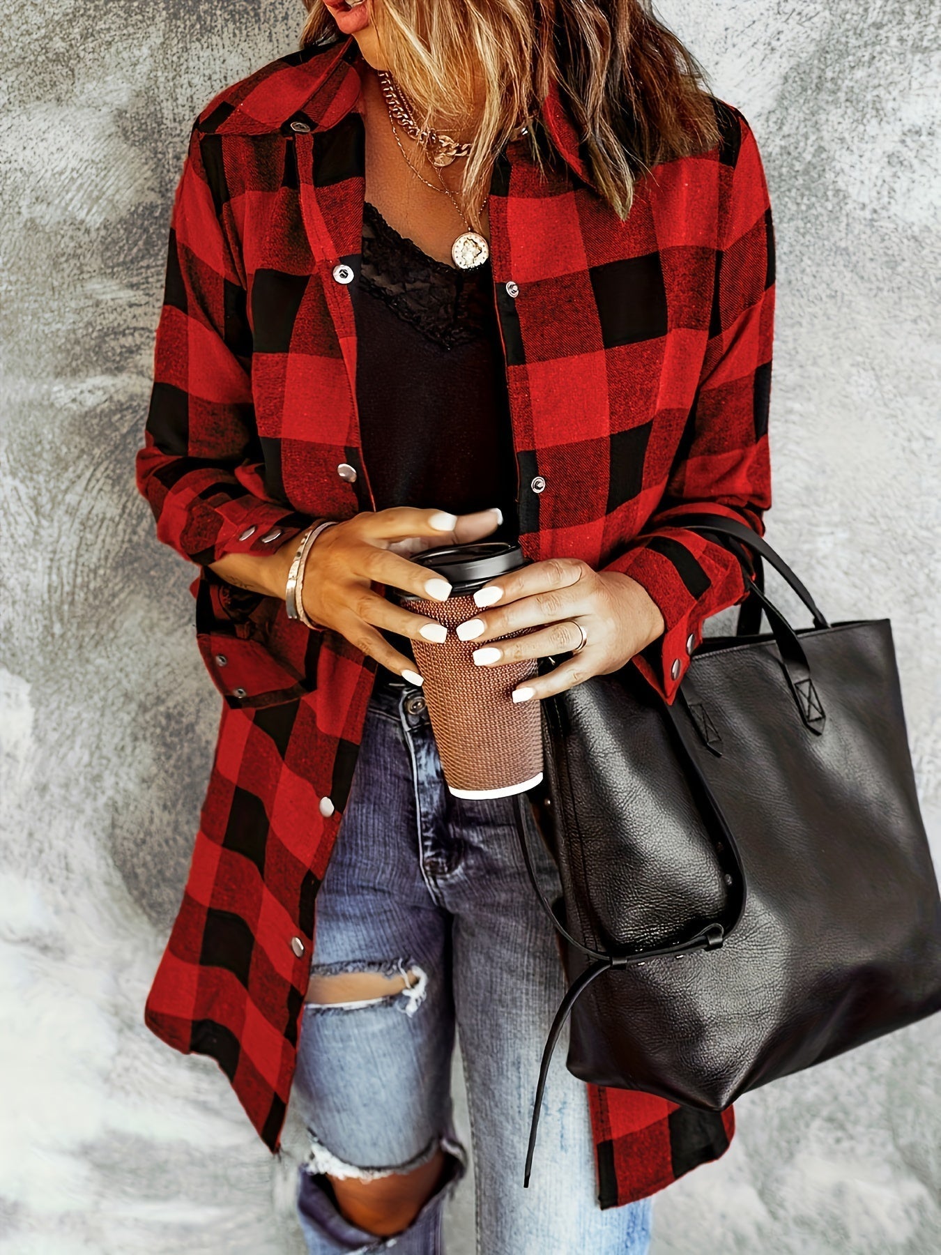 Checked button down collared jacket for women