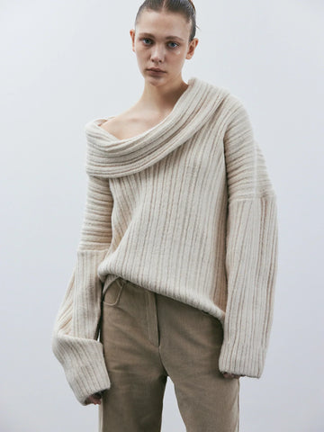 Women’s Knitted Sweater – Oversized Fit – Ribbed Texture – Off-Shoulder Neckline
