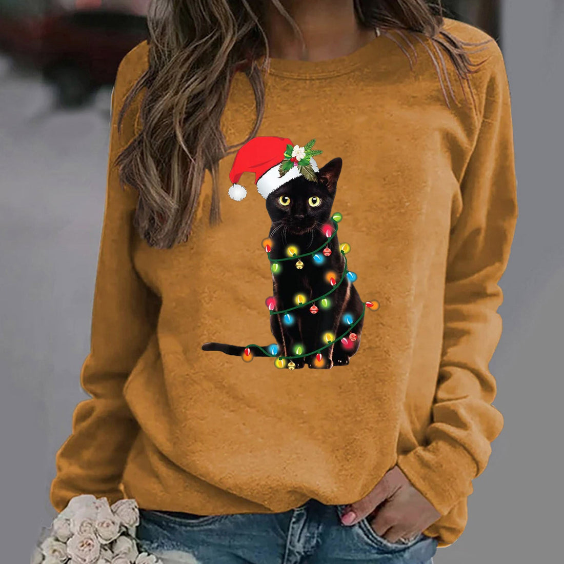 Women’s Hooded Sweatshirt – Cotton Blend – Relaxed Fit – Crew Neck – Cat Graphic