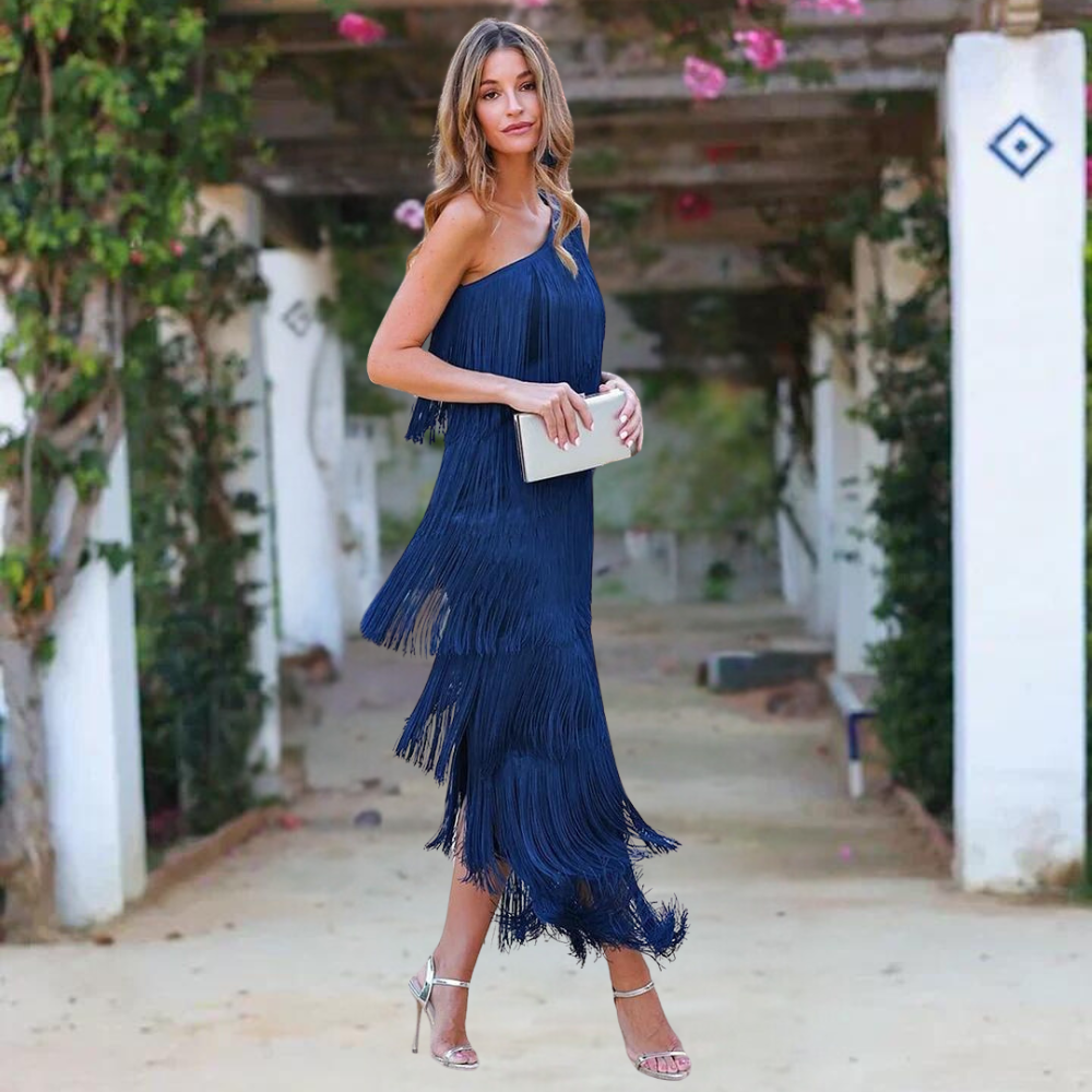 One-shoulder tassel long dress for women