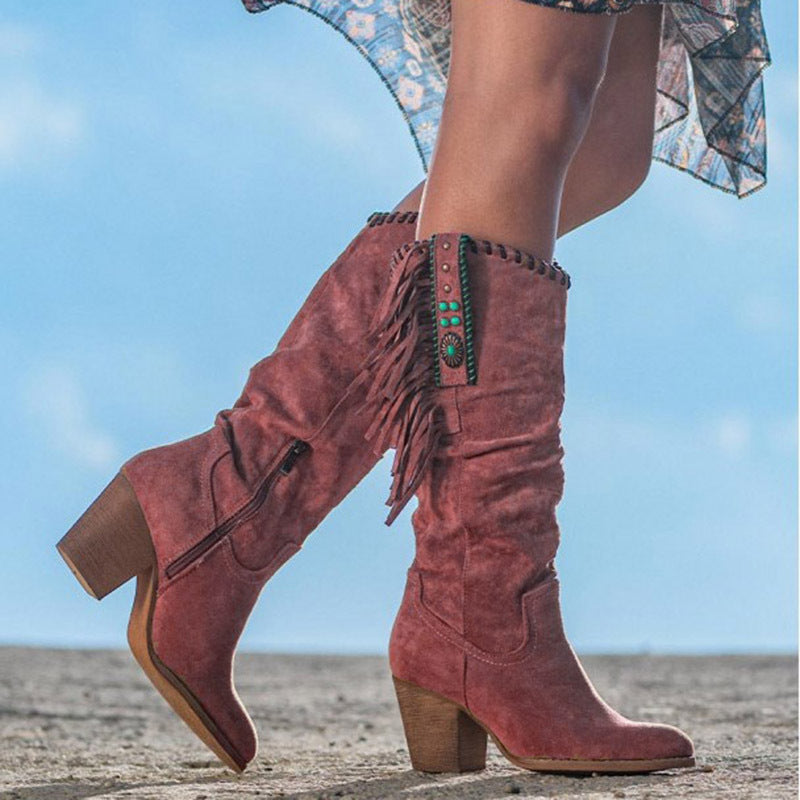Women’s Knee-High Boots – Faux Suede – Block Heel – Fringe & Stud Western Style