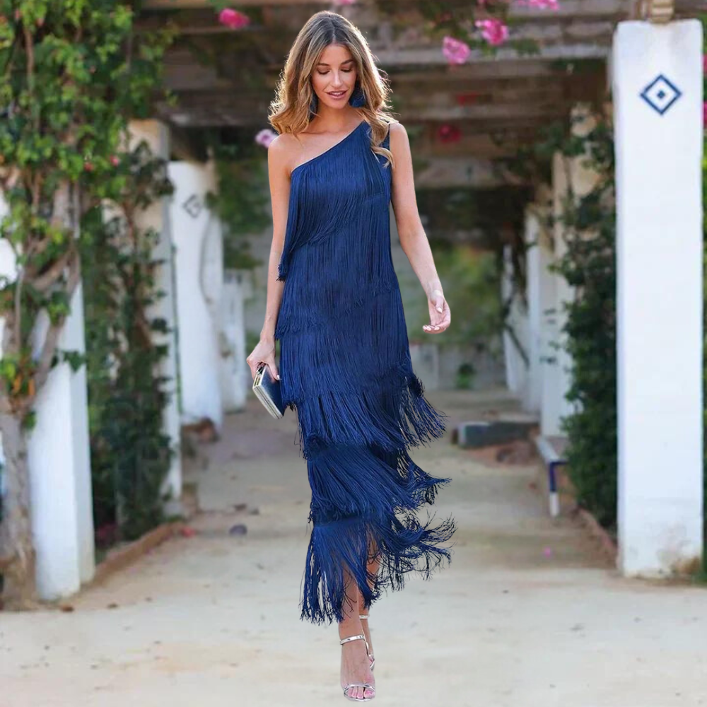 One-shoulder tassel long dress for women