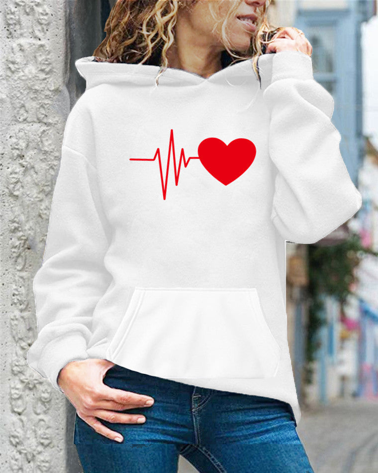 Women’s Hooded Sweatshirt – Cotton Blend – Relaxed Fit – Long Sleeve – Heart Print