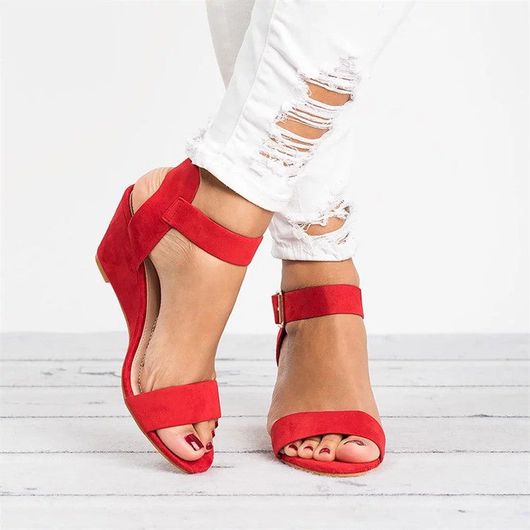Women’s Wedge Sandals – Faux Leather – Open Toe – Buckled Ankle Strap – Minimalist Design