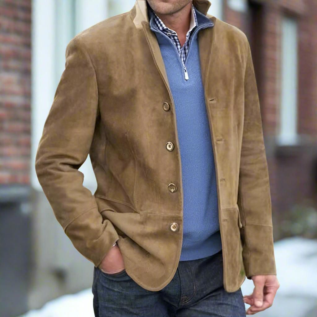 Men’s Suede Jacket – Tailored Fit – Notch Lapel – Button Closure – Hip Length
