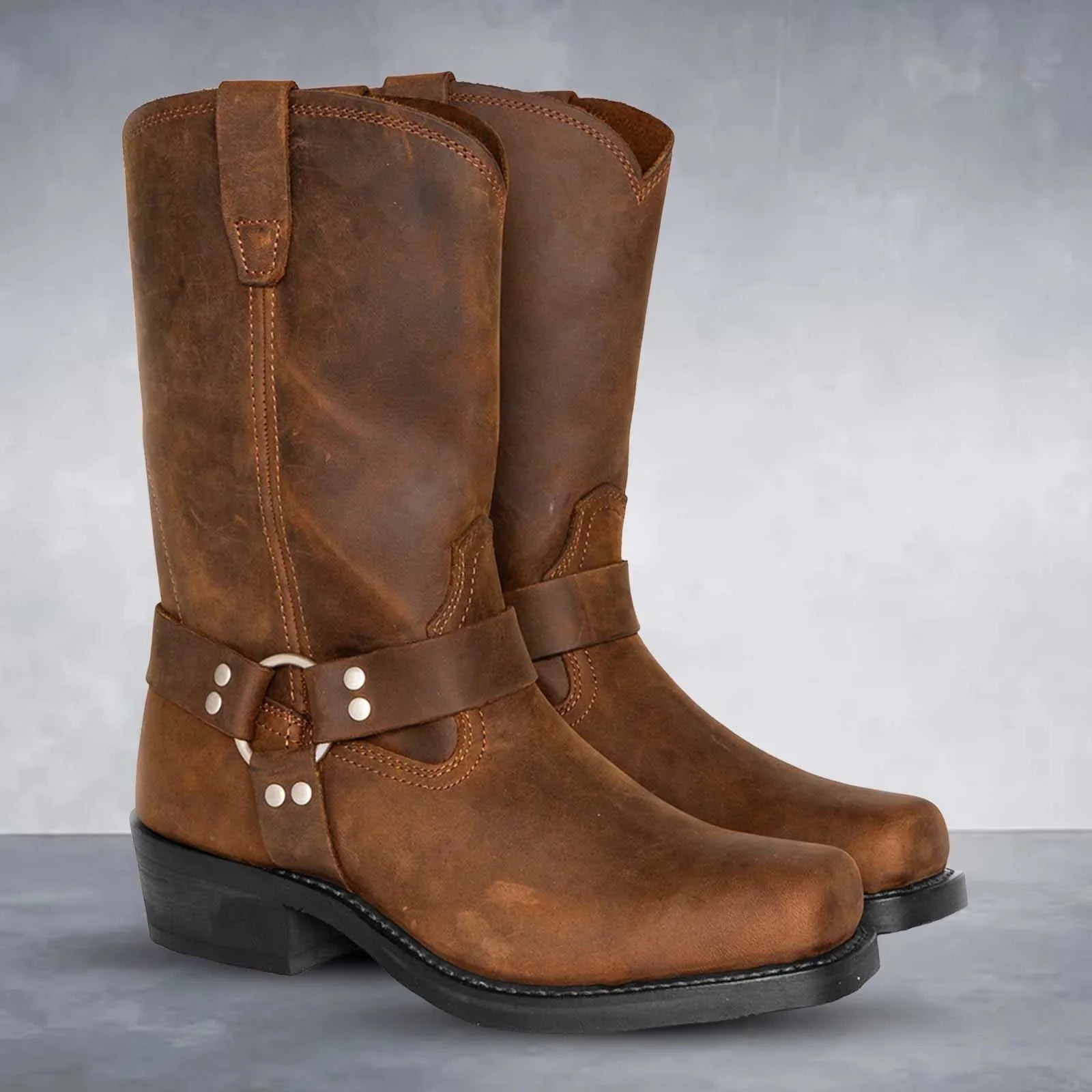 Women's Cowboy Boots – Leather Western Style – Mid Calf – Harness Strap – Pull-On