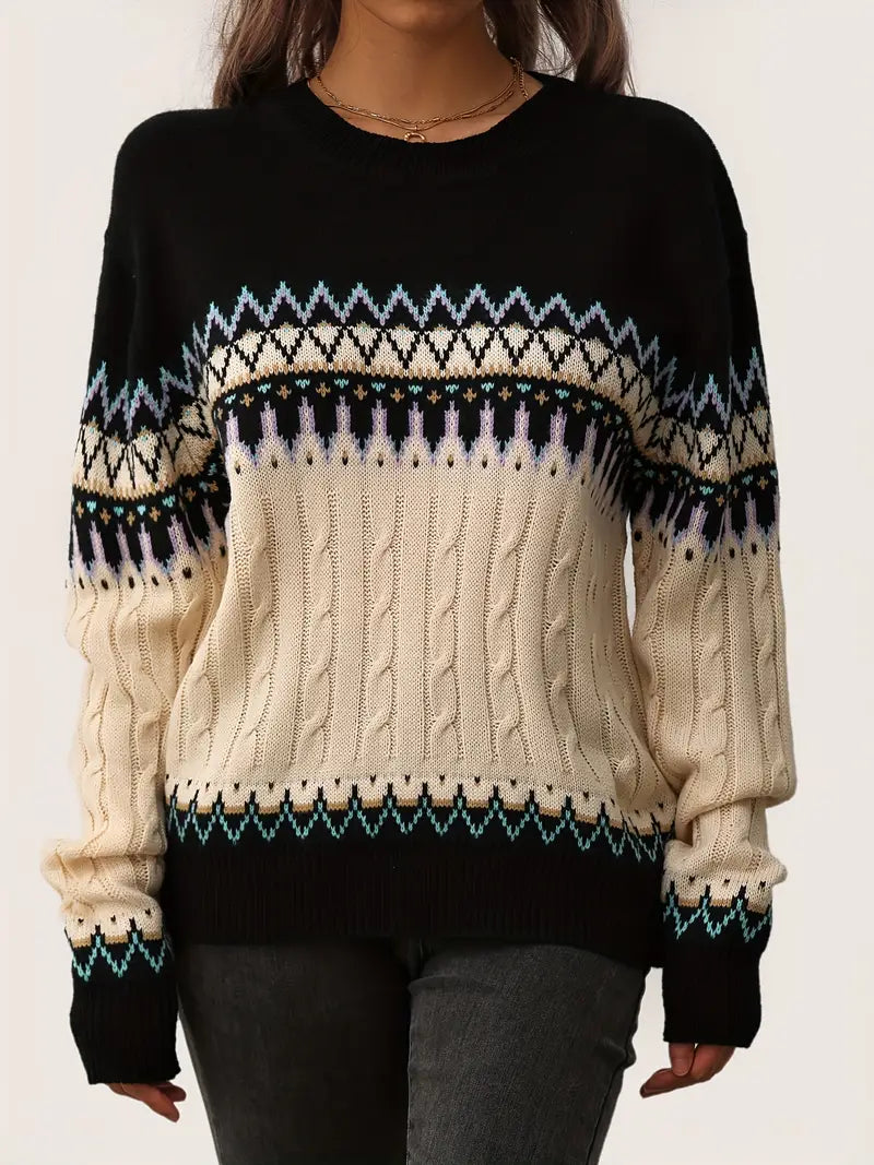 Women’s Sweater – Relaxed Fit – Knitted Zigzag Pattern – Soft Breathable Casual Wear