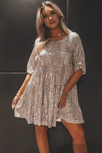 Half sleeve sequins baby doll dress for women