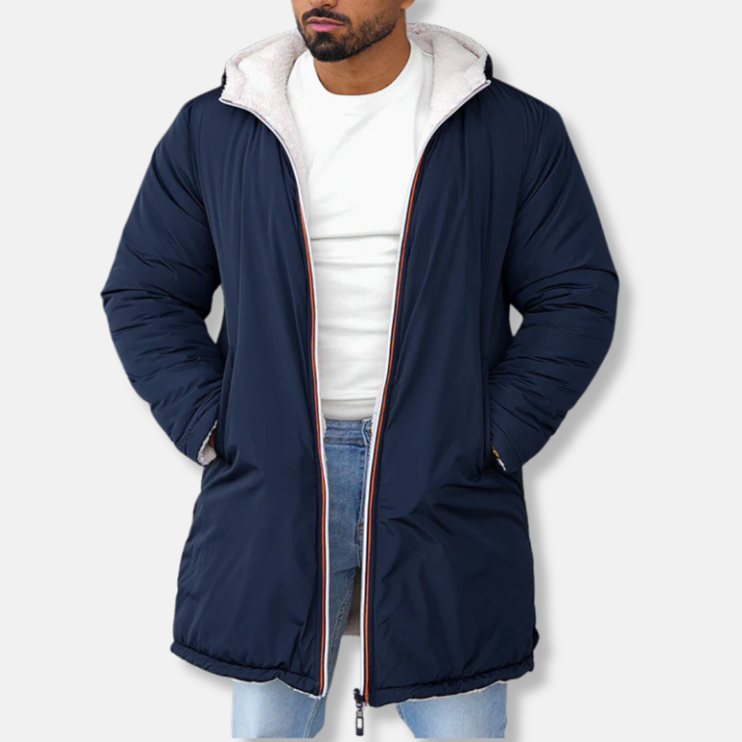 Men’s Fleece Jacket – Relaxed Fit – Mid-Length – Hooded with Chest Pocket