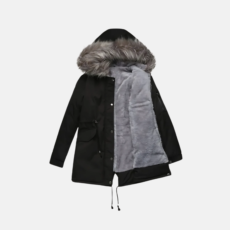 Women’s Parka Coat – Insulated Mid-Length – Faux Fur Hood – Adjustable Waist – Zip Closure
