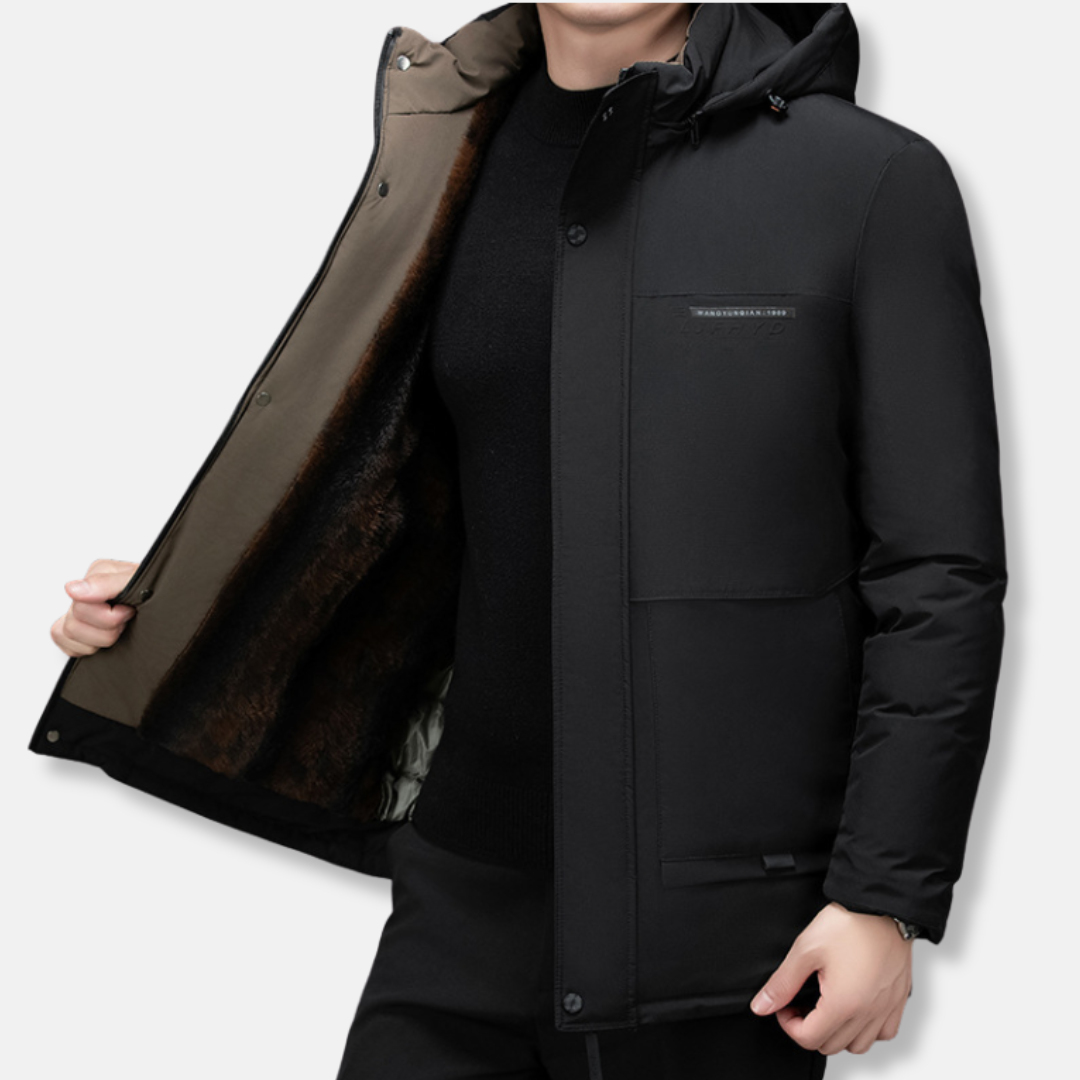 Men’s Mid-Length Coat – Padded Synthetic – Hooded with Drawstring – Zip Button Front