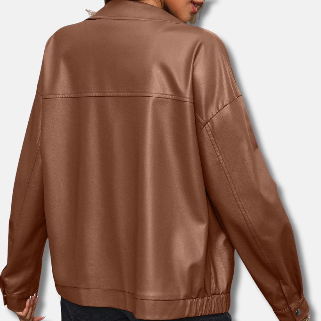 Women’s Biker Jacket – PU Leather – Relaxed Fit – Cropped – Zip Front – Snap Cuffs