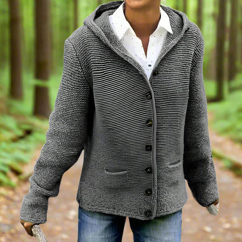 Women’s Hooded Cardigan – Wool Knit – Relaxed Fit – Button Front – Patch Pockets