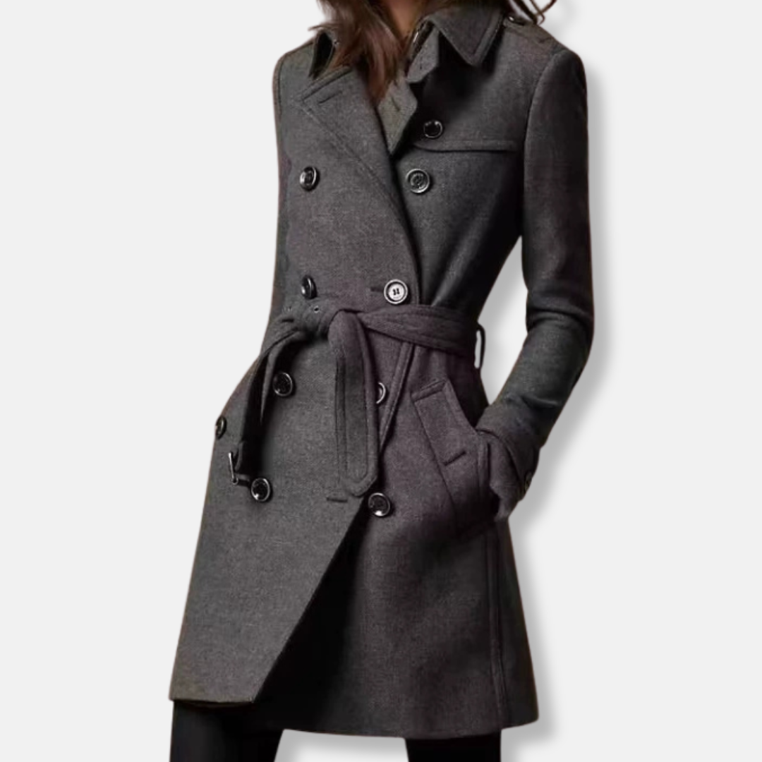 Women’s Coat – Slim Fit Wool Blend – Double-Breasted – Belted Waist – Mid-Thigh Length
