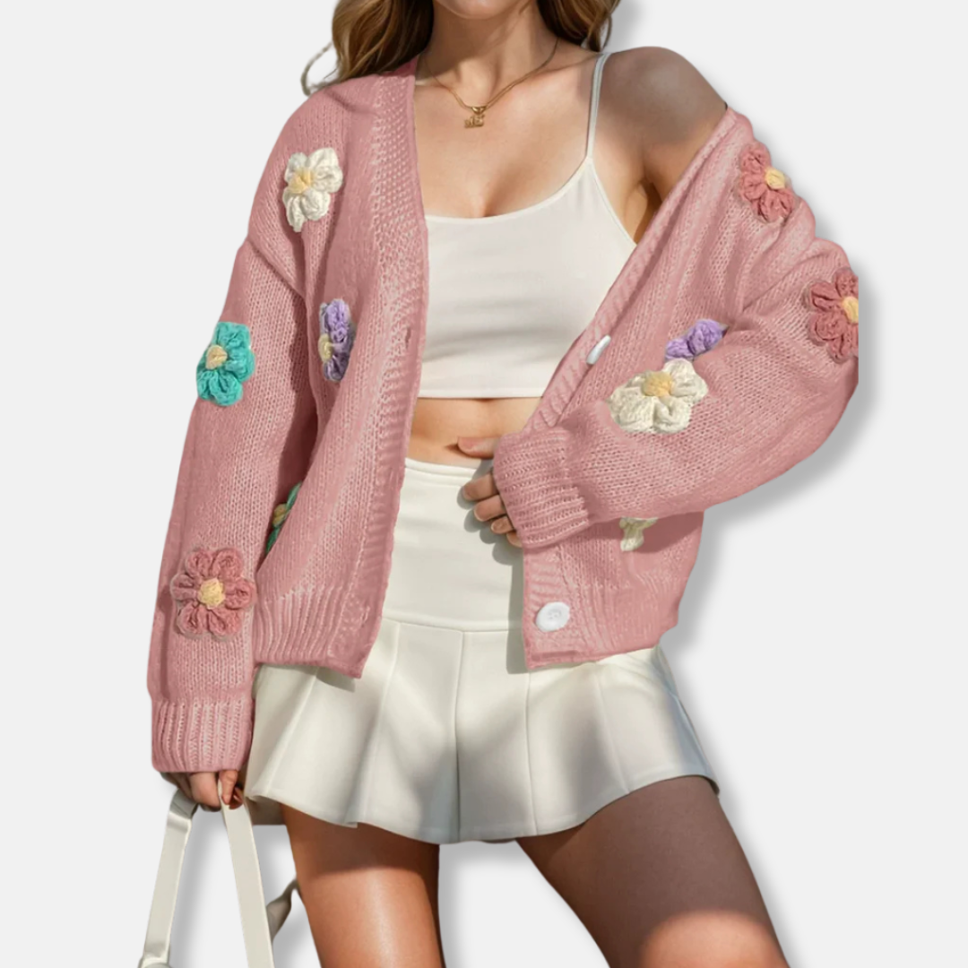 Women’s Knit Cardigan – Oversized Fit – Handmade Floral Accents – Button Front