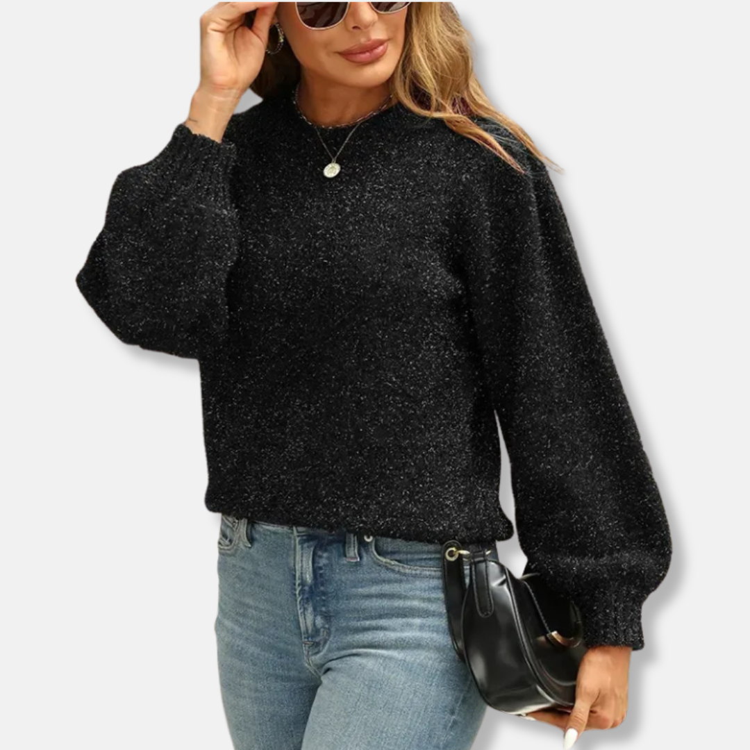 Women’s Sweatshirt – Relaxed Fit – Textured Knit – Puff Sleeves – Crew Neck