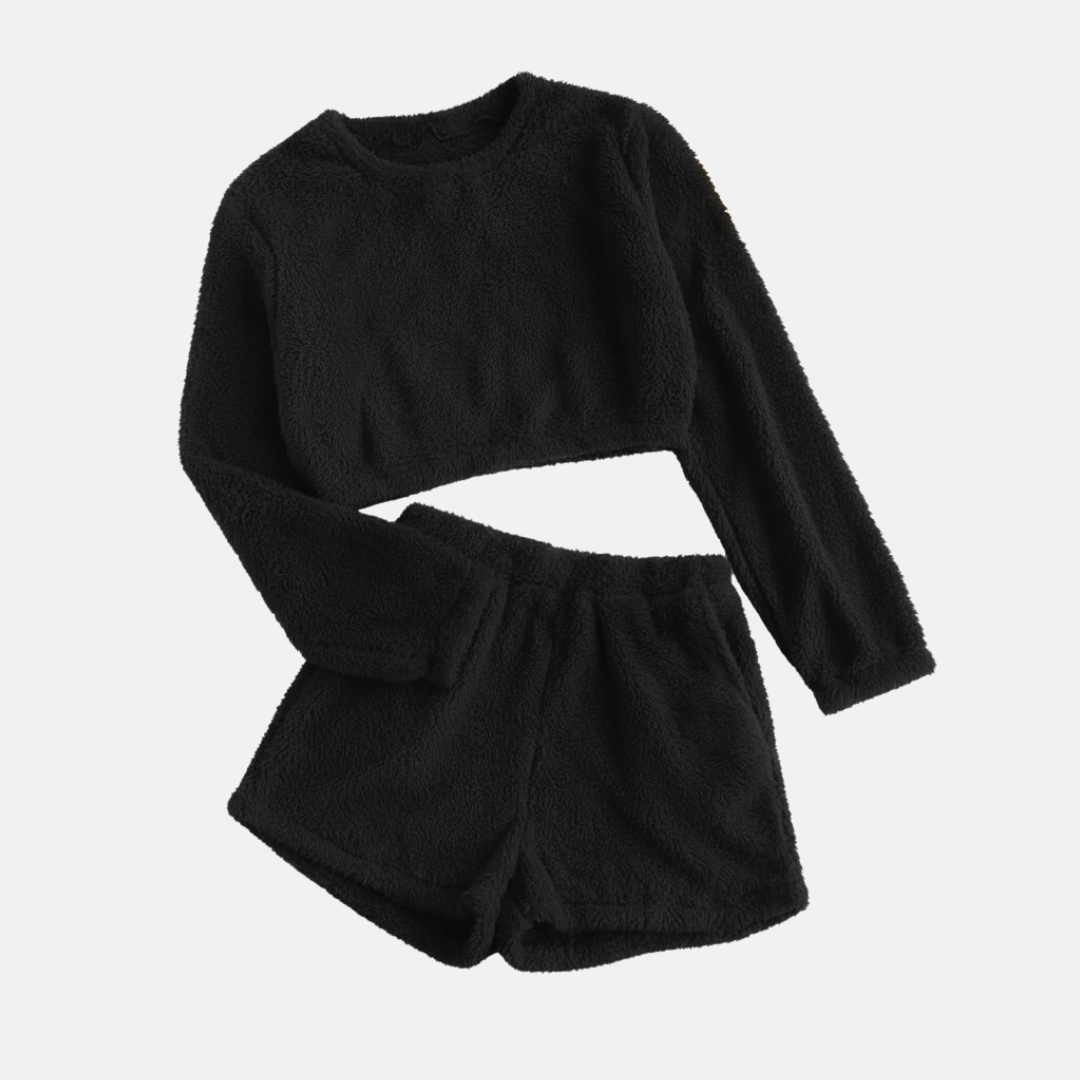Women’s Two-Piece  Loungewear Set – Plush Fleece – Cropped Long Sleeve Top – High-Waisted Shorts