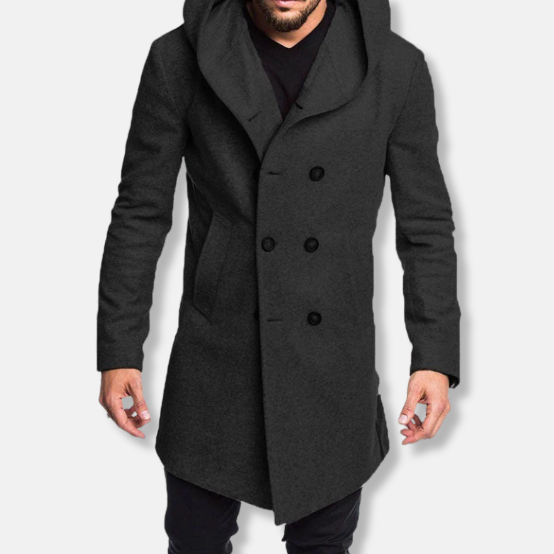 Men’s Long Wool Coat – Slim Fit – Double-Breasted Hooded – Formal Outerwear