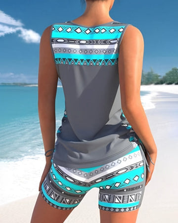 Women's Tankini Set – Relaxed Fit – Quick-Dry – Geometric Neckline – Adjustable Sides