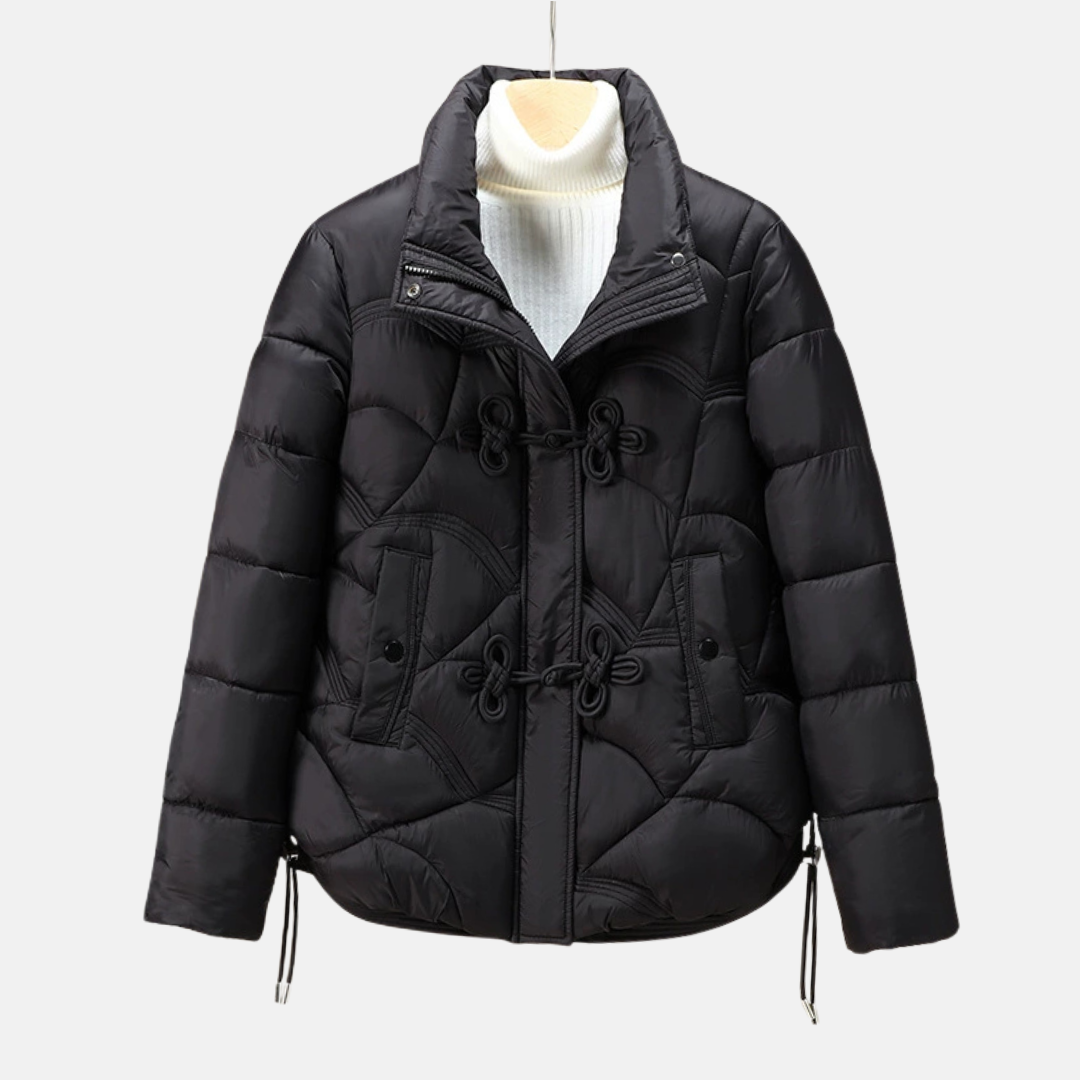 Women’s Puffer Jacket – Quilted Geometric Design – Frog Buttons – Adjustable Hem